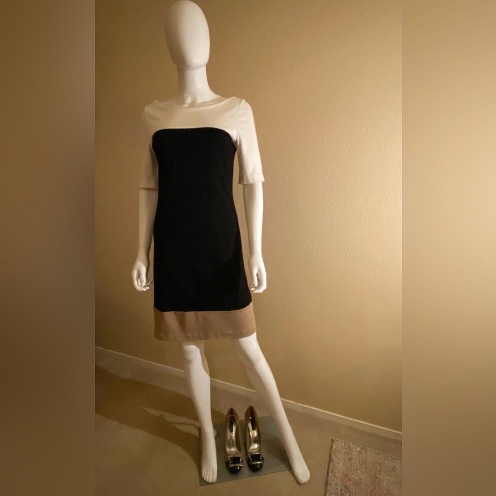 White House Black Market Color Block Dress Ivory, Black and Beige Size 4